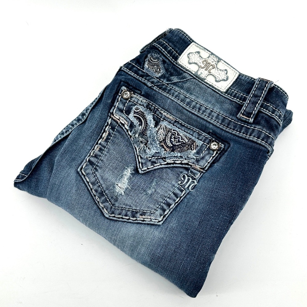 Miss Me Bootcut Jeans Women 30 Blue Distressed Paisley Mid Rise MP8842B Vintage